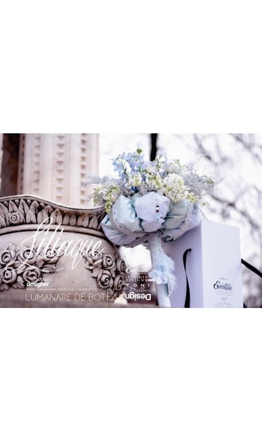 Lumanare de botez baieti cu delhinium bleu si liliac alb, 65x4cm, Glow 9